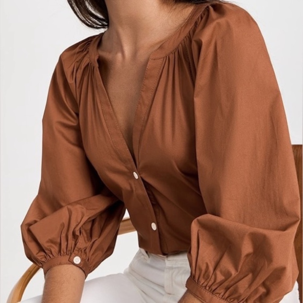 STAUD Dill Poplin Cotton Puff Short Sleeve Top Blouse in Spice Size XS